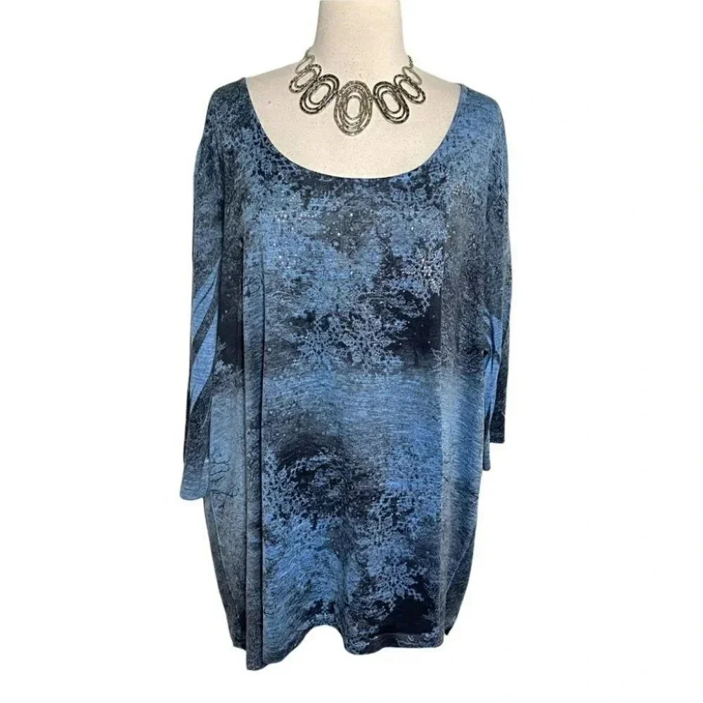 Catherines Top 2X 22/24 blue‎ tie dyed hi/low knit boho Fairy Scoop neck